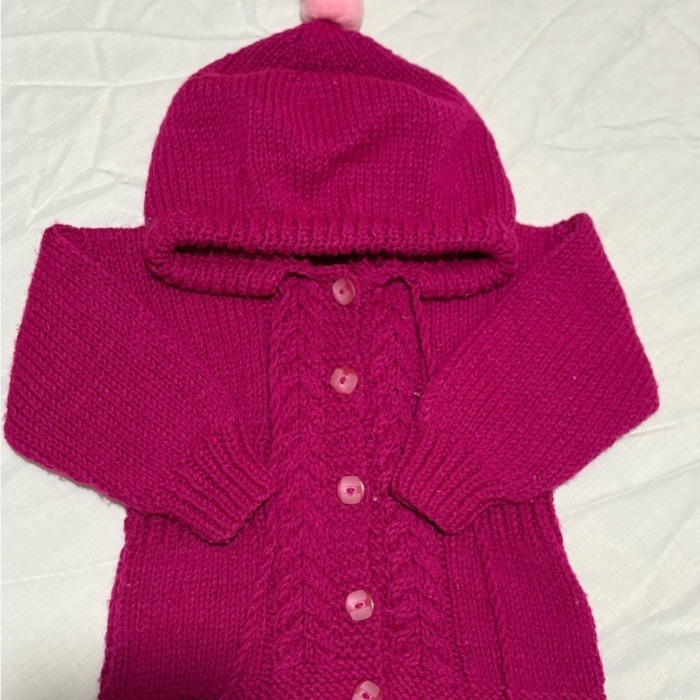 Vintage Pink Knit Baby Sweater with Hood